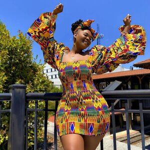 Chimzi Ankara Smocked Kente Puff Sleeve Dress Sz Large, African Celebration, NWT